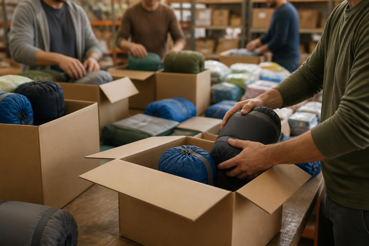 Vrijwilligers verpakken slaapzakken in dozen voor verdeling